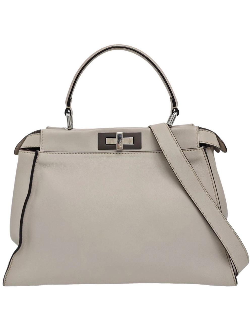 Fendi Peekaboo leather hand bag color gray top handle and crossbody strap .